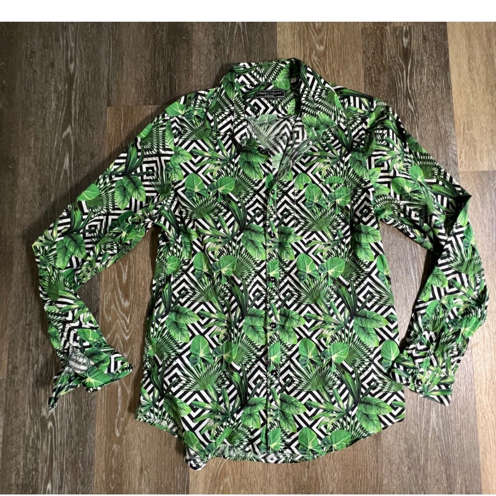 Paisley &‎ Gray Button Down Mens Large Green Tropical Palm Geometric Slim Fit